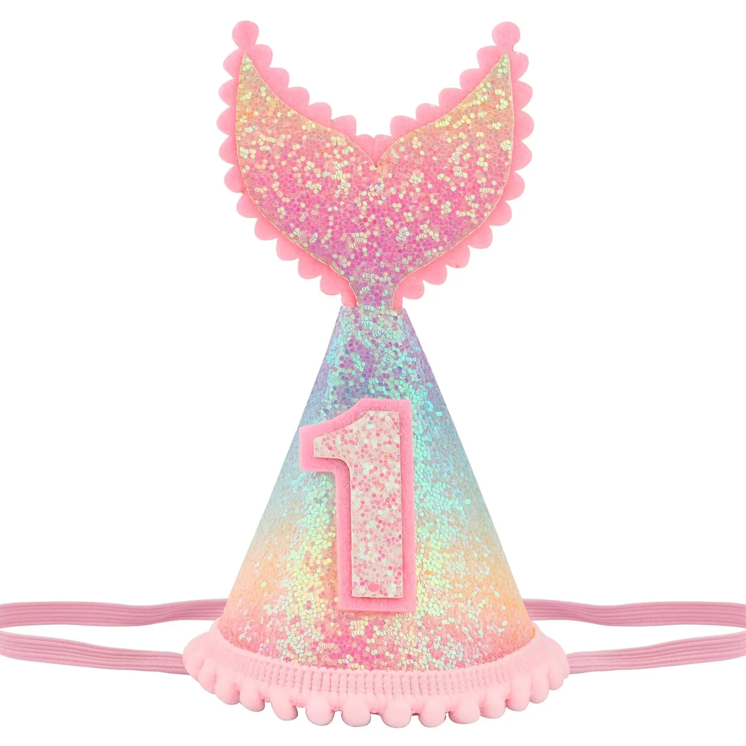 1 year old Mermaid Tail Birthday Hat for Baby Girl Pink Sparkle Sequined Mermaid Tail Headband Princess Birthday Party Supplies