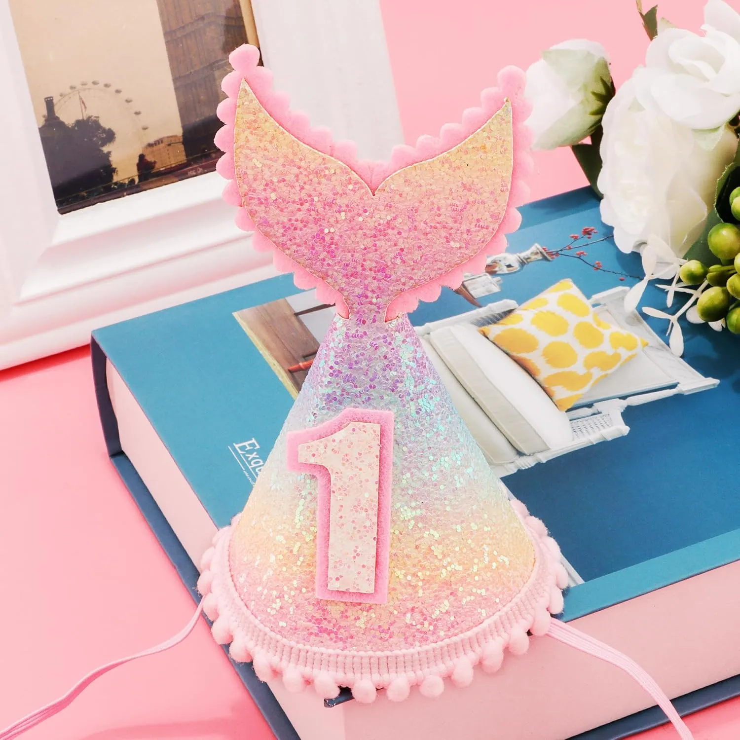 1 year old Mermaid Tail Birthday Hat for Baby Girl Pink Sparkle Sequined Mermaid Tail Headband Princess Birthday Party Supplies