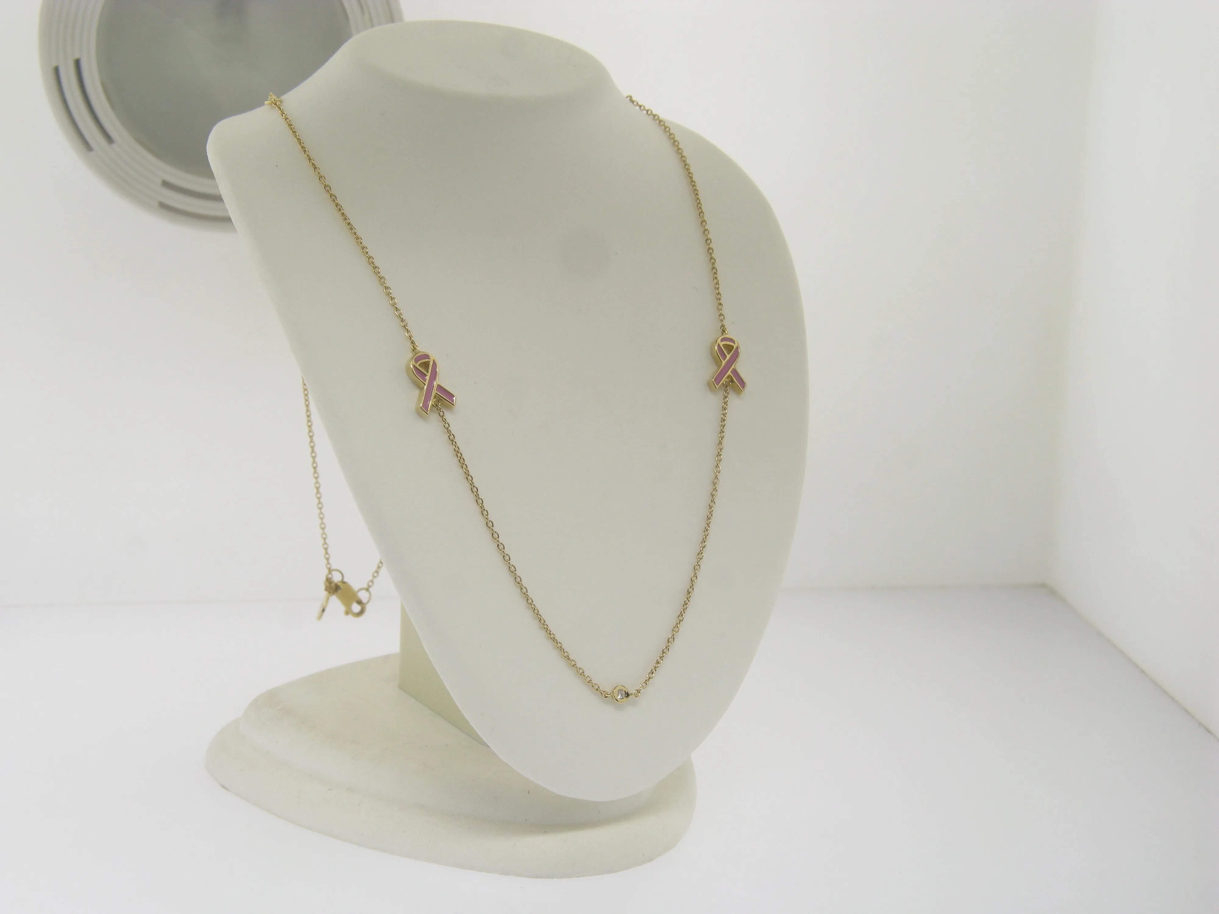 14K Yellow Gold Diamond 18" Necklace (3) Diamonds with Enamel Ribbons (New)