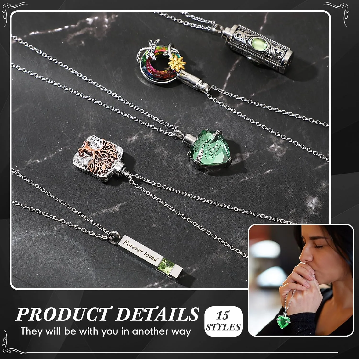 15 Pcs Urn Necklace for Ashes Keepsake Cremation Jewelry Stainless Steel Cross Heart Cubic Locket Ashes Necklace