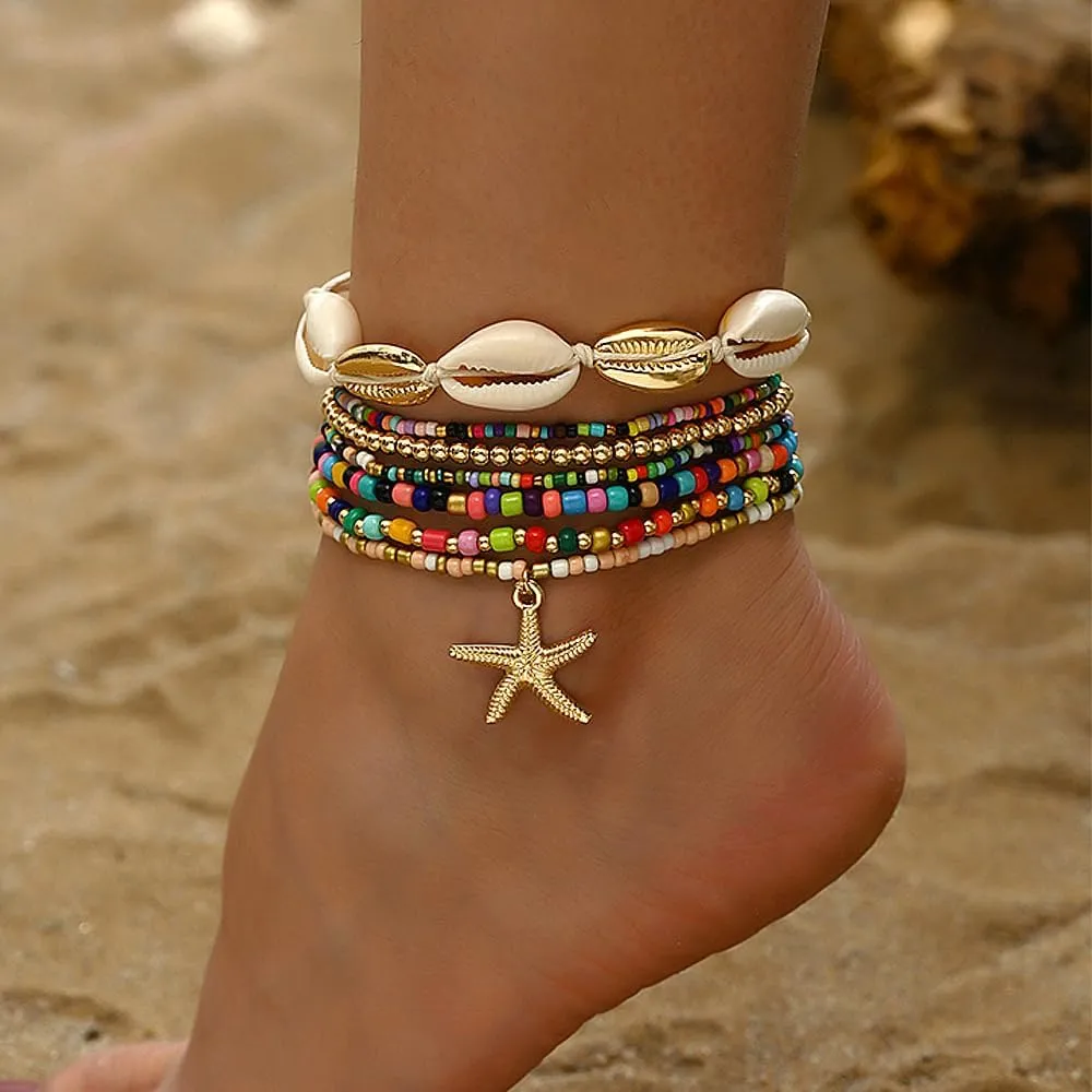 2 Sets Beach Shell Anklets for Women 7in/8in Boho Stretchy Ankle Bracelets Hawaiian Seashell Beaded Anklet Elastic