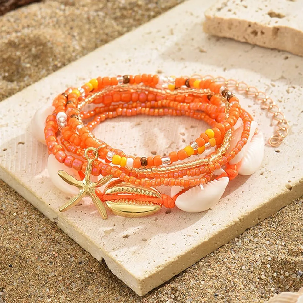 2 Sets Beach Shell Anklets for Women 7in/8in Boho Stretchy Ankle Bracelets Hawaiian Seashell Beaded Anklet Elastic