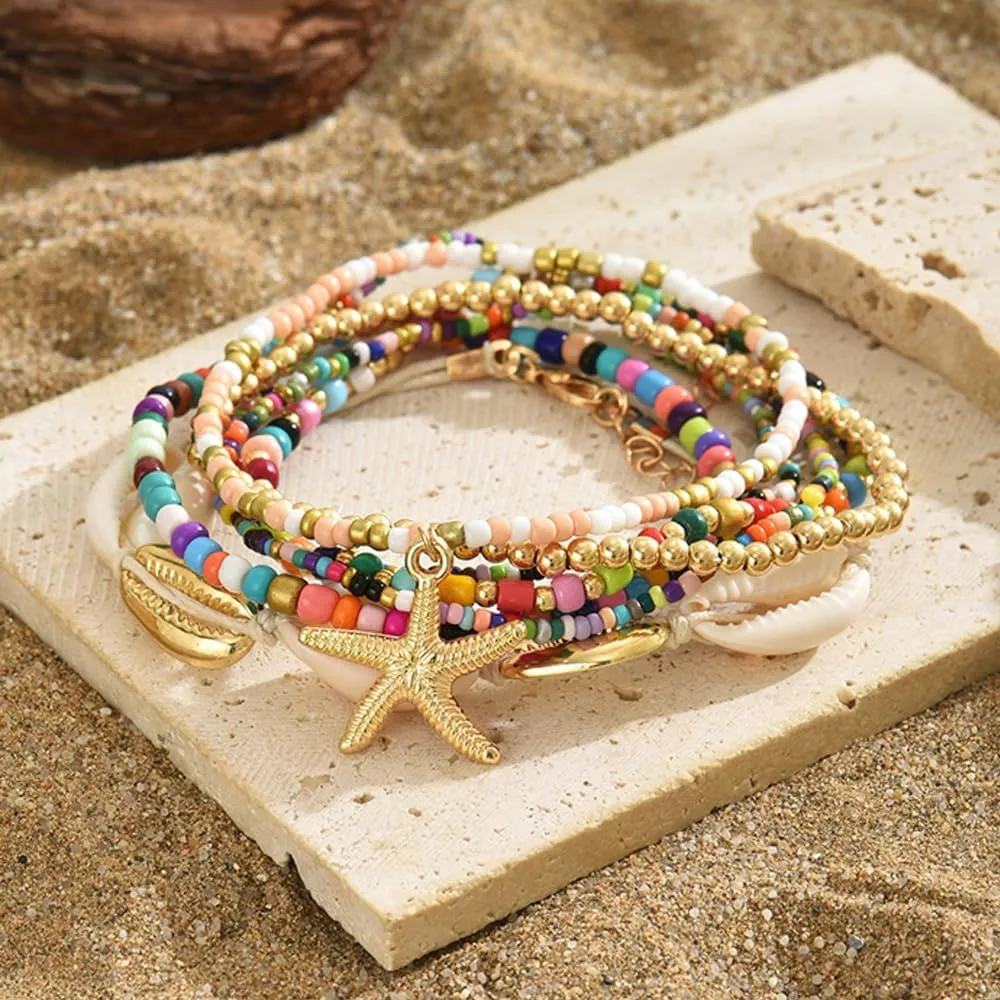 2 Sets Beach Shell Anklets for Women 7in/8in Boho Stretchy Ankle Bracelets Hawaiian Seashell Beaded Anklet Elastic
