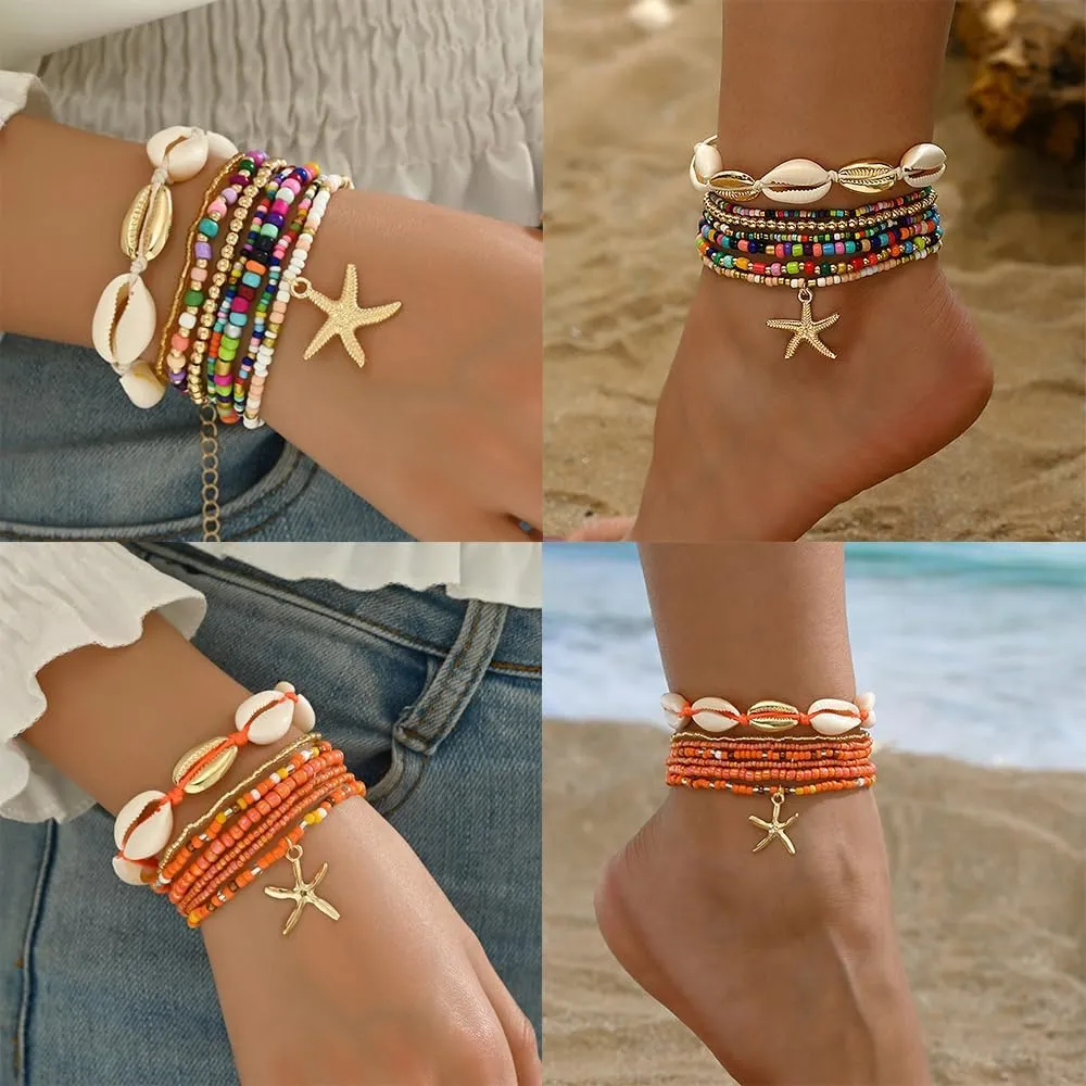 2 Sets Beach Shell Anklets for Women 7in/8in Boho Stretchy Ankle Bracelets Hawaiian Seashell Beaded Anklet Elastic
