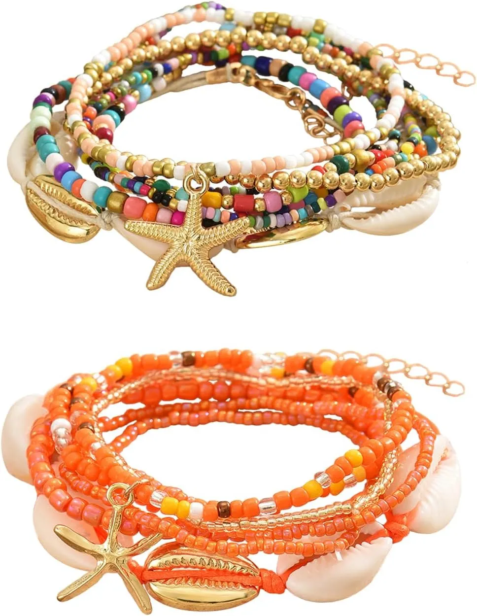 2 Sets Beach Shell Anklets for Women 7in/8in Boho Stretchy Ankle Bracelets Hawaiian Seashell Beaded Anklet Elastic