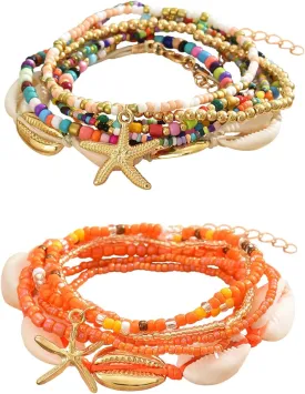 2 Sets Beach Shell Anklets for Women 7in/8in Boho Stretchy Ankle Bracelets Hawaiian Seashell Beaded Anklet Elastic