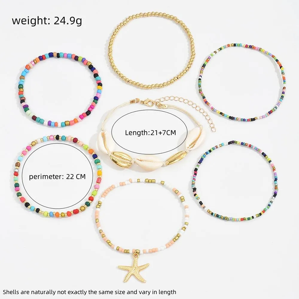 2 Sets Beach Shell Anklets for Women 7in/8in Boho Stretchy Ankle Bracelets Hawaiian Seashell Beaded Anklet Elastic