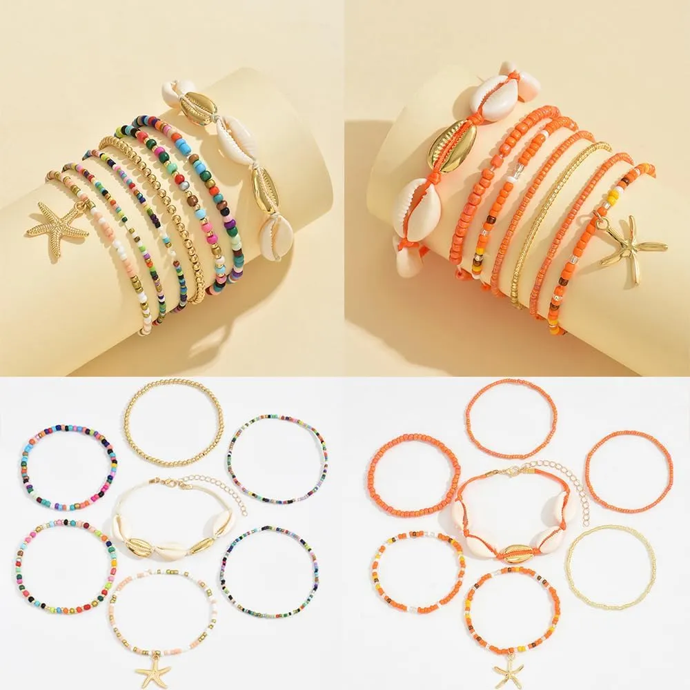 2 Sets Beach Shell Anklets for Women 7in/8in Boho Stretchy Ankle Bracelets Hawaiian Seashell Beaded Anklet Elastic