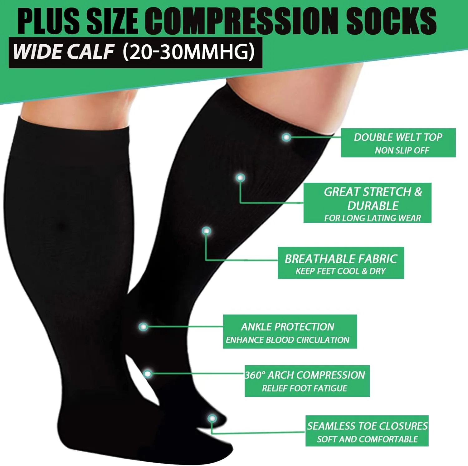 3 Pairs Plus Size Compression Socks for Women and Men Wide Calf 20-30mmhg Extra Large Knee High Support for Circulation