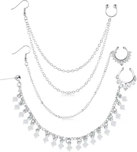3 Pieces Nose Hoop Chain Rings Double-layer Septum Non Piercing Nose Hoop Ring Dangle Chain Earrings