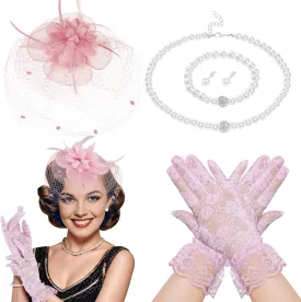 5Pcs Fascinators Hat for Women Tea Party Veil Fascinator Hat Lace Gloves Pearl Necklace Bracelet Earrings for Cocktail Wedding Vintage 1920s 50s Costume Accessories