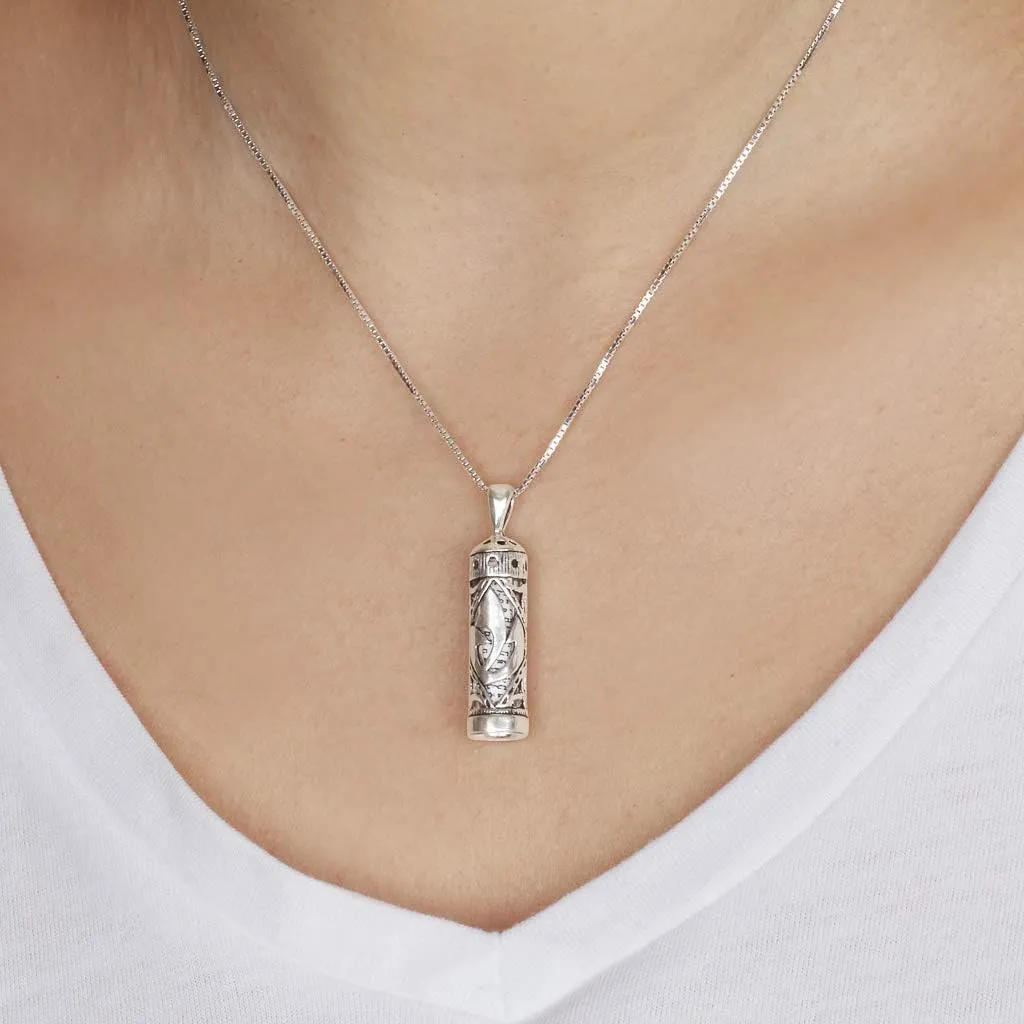 925 Sterling Silver Mezuzah Necklace, Scroll Pendant, Jewish Shema Necklace, Jewish Jewelry for Women, Chain Hebrew Letters, Messianic, Blessings Israel Gifts Souvenirs Spiritual Kabbalah Art Holy Land Mens Jewelry
