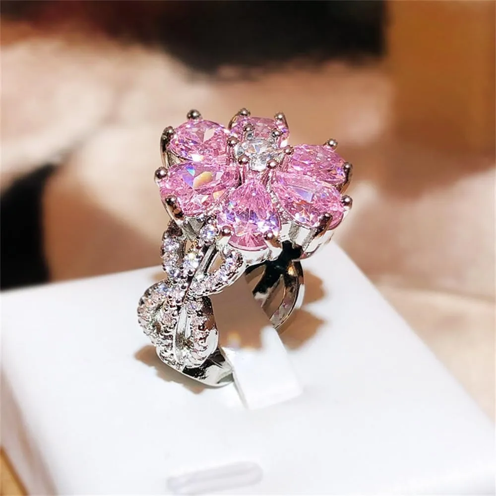 925 Sterling Silver Shiny Full Diamond Ring 18K Gold Cocktail Ring Teardrop Pink Cubic Zirconia Promise Ring CZ Diamond Multi Row Ring Eternity Engagement Wedding Band Ring for Women Z.62 (US Code 6)