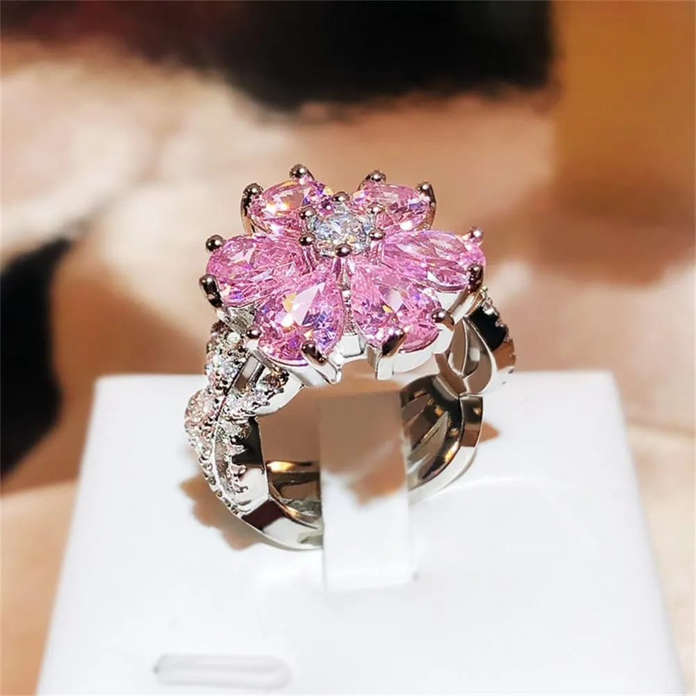 925 Sterling Silver Shiny Full Diamond Ring 18K Gold Cocktail Ring Teardrop Pink Cubic Zirconia Promise Ring CZ Diamond Multi Row Ring Eternity Engagement Wedding Band Ring for Women Z.62 (US Code 6)