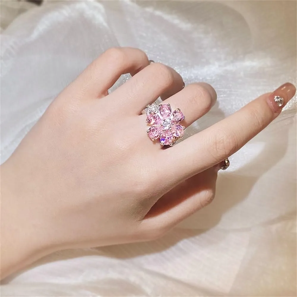 925 Sterling Silver Shiny Full Diamond Ring 18K Gold Cocktail Ring Teardrop Pink Cubic Zirconia Promise Ring CZ Diamond Multi Row Ring Eternity Engagement Wedding Band Ring for Women Z.62 (US Code 6)