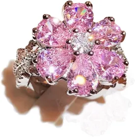 925 Sterling Silver Shiny Full Diamond Ring 18K Gold Cocktail Ring Teardrop Pink Cubic Zirconia Promise Ring CZ Diamond Multi Row Ring Eternity Engagement Wedding Band Ring for Women Z.62 (US Code 6)