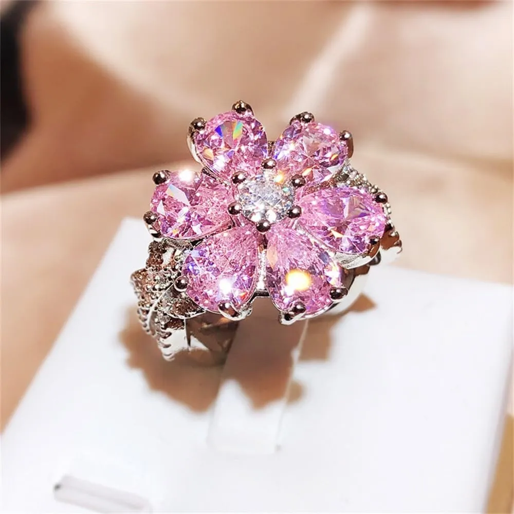 925 Sterling Silver Shiny Full Diamond Ring 18K Gold Cocktail Ring Teardrop Pink Cubic Zirconia Promise Ring CZ Diamond Multi Row Ring Eternity Engagement Wedding Band Ring for Women Z.62 (US Code 6)