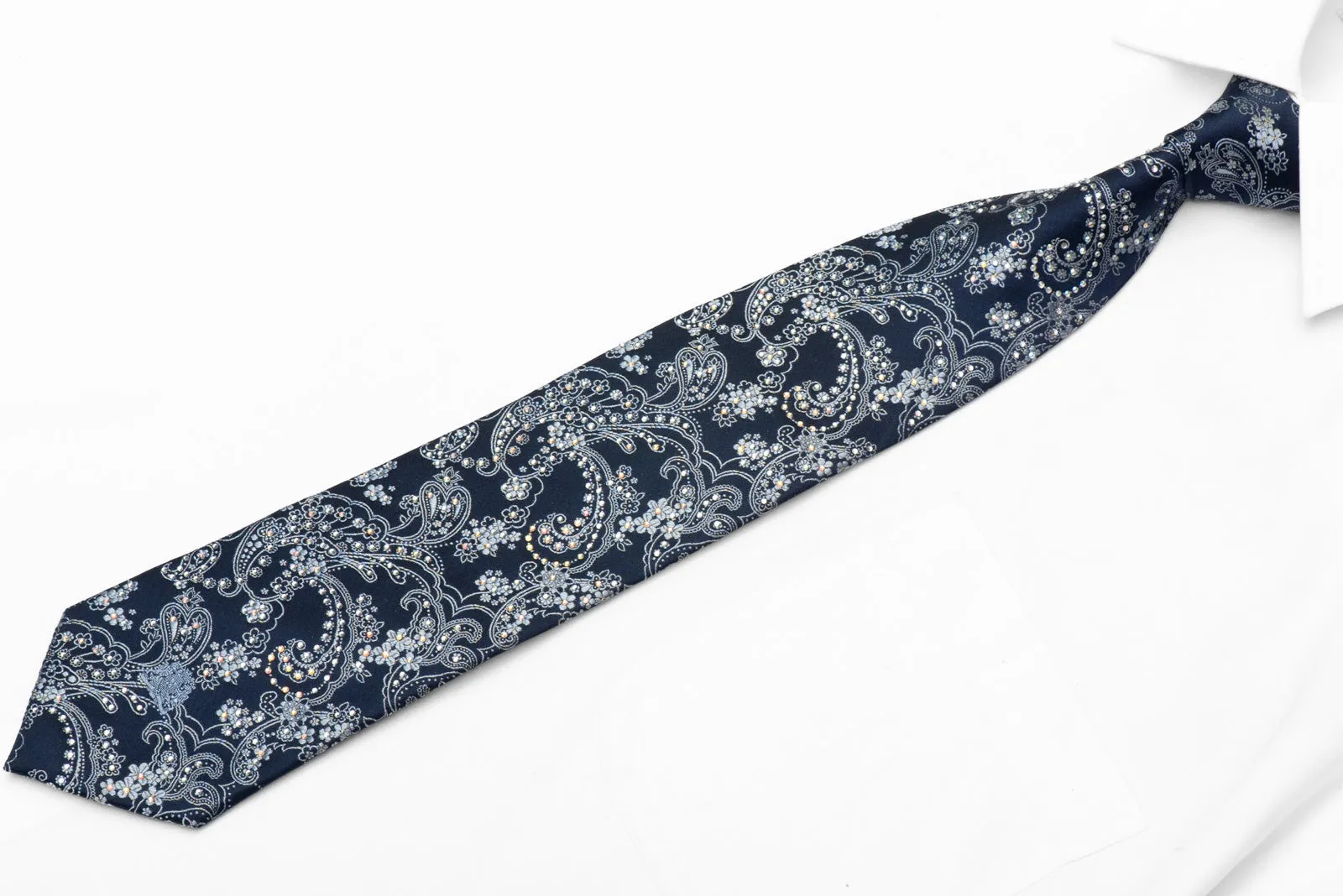 Acanthus On Dark Blue Rhinestone Tie With Gold Sparkles