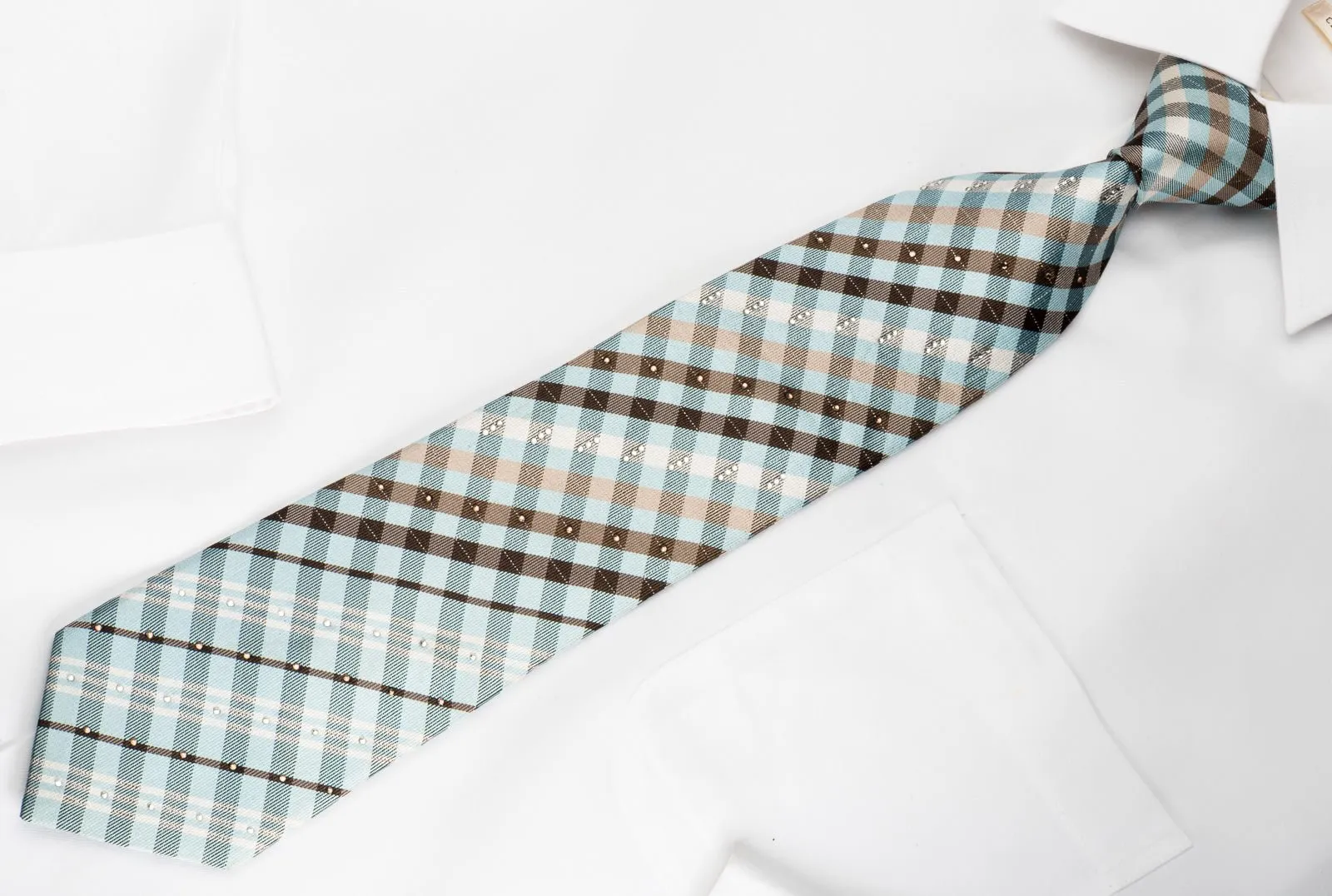 Arpeggio Silk Rhinestone Necktie Blue Brown White Plaid With Sparkles