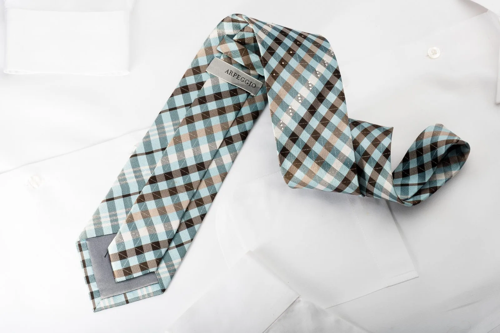 Arpeggio Silk Rhinestone Necktie Blue Brown White Plaid With Sparkles