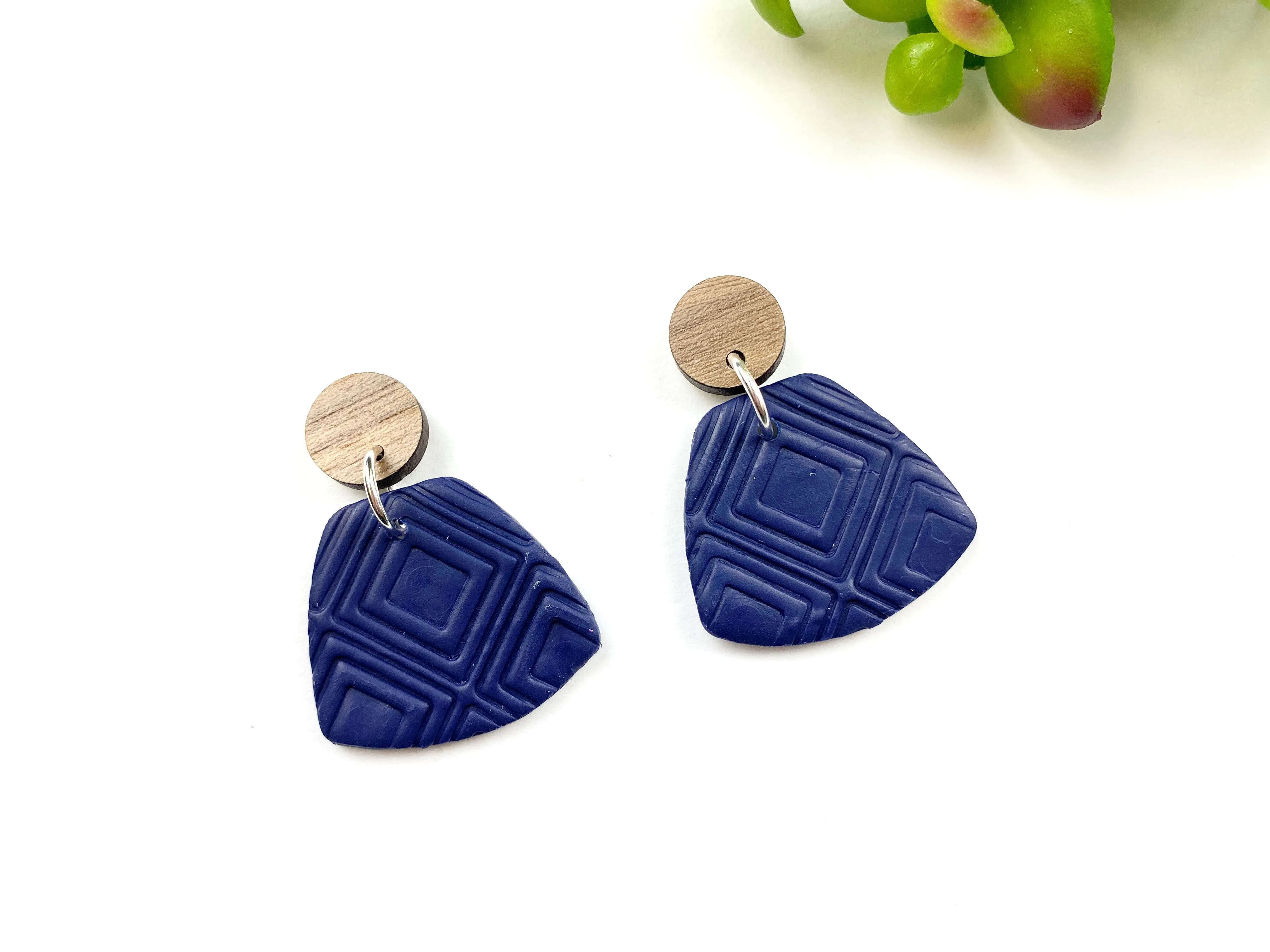 Blue Geometric Clay and Wood Earring with Square Pattern