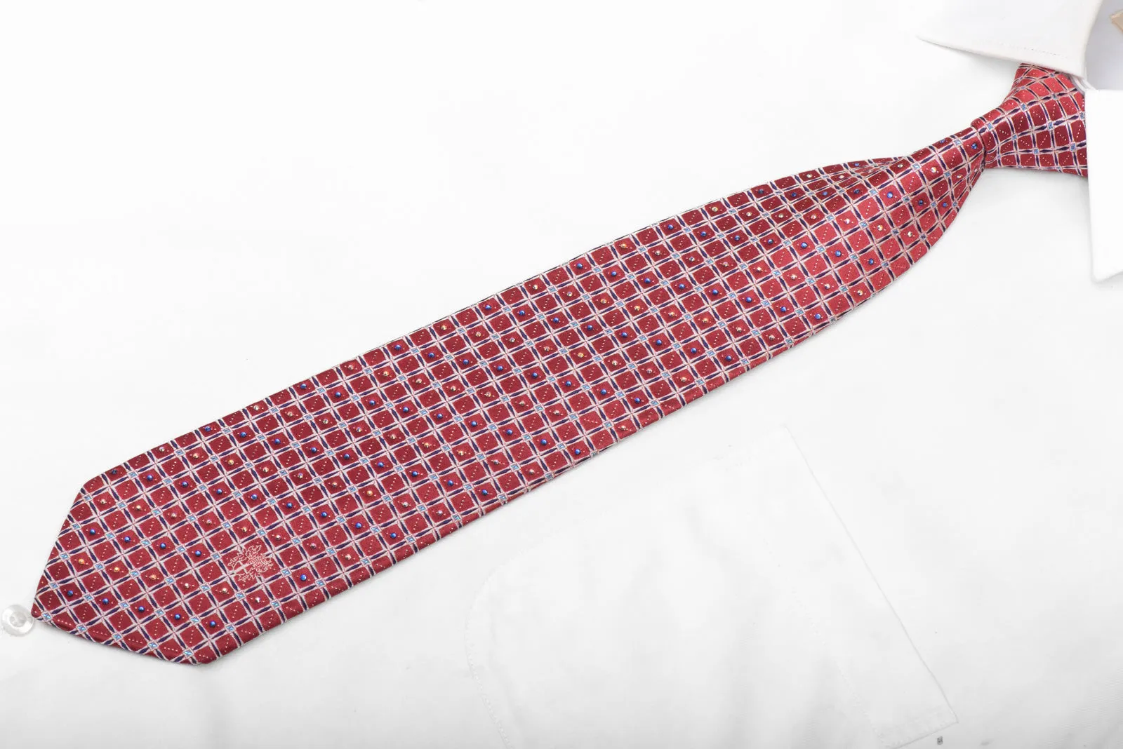 Blue Silver Trellis On Burgundy Rhinestone Silk Necktie With Silver Sparkles