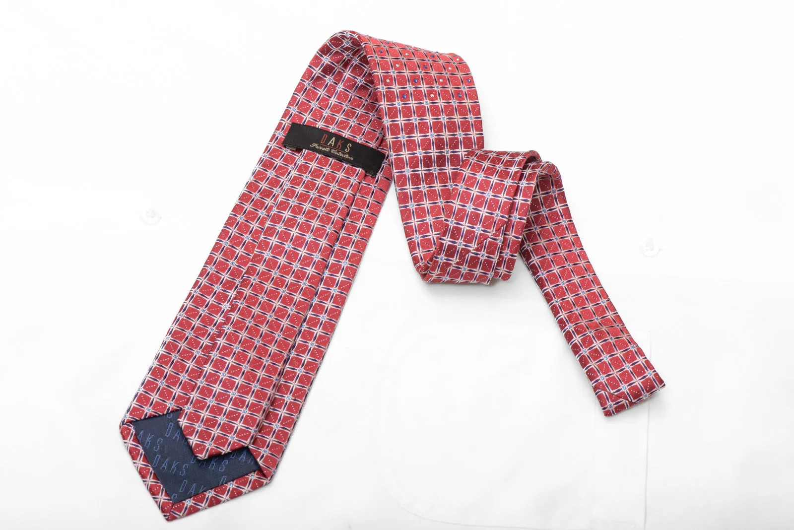 Blue Silver Trellis On Burgundy Rhinestone Silk Necktie With Silver Sparkles