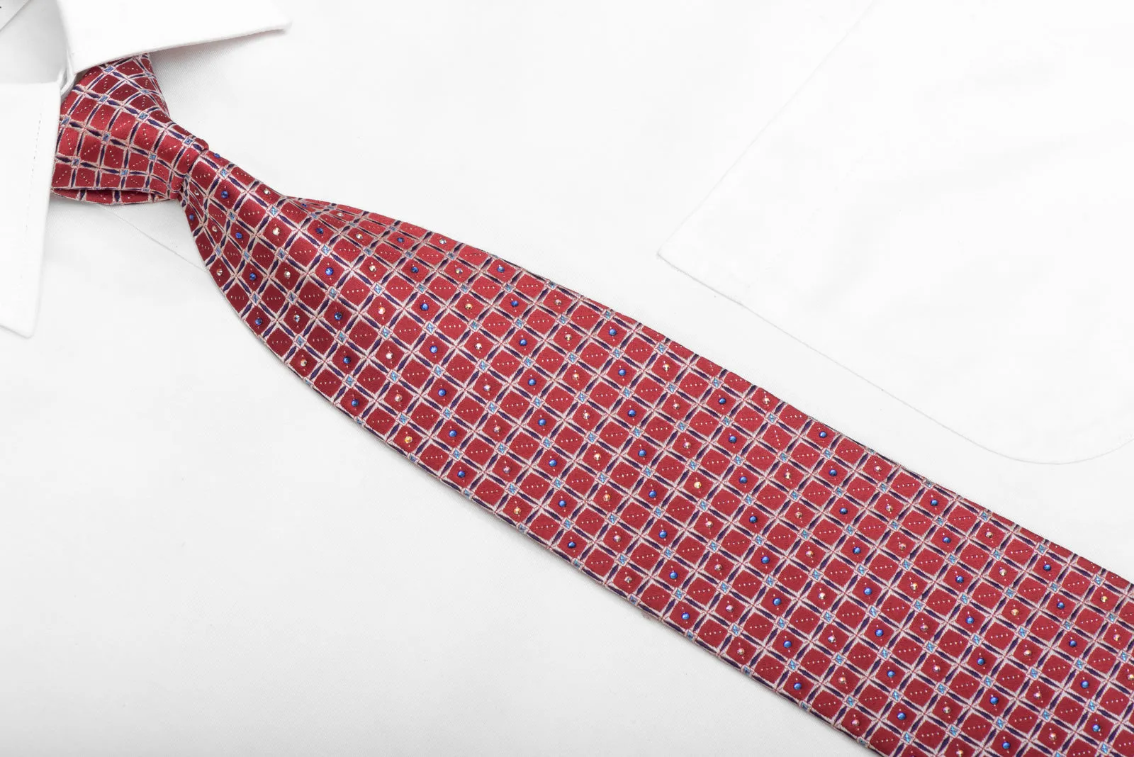Blue Silver Trellis On Burgundy Rhinestone Silk Necktie With Silver Sparkles