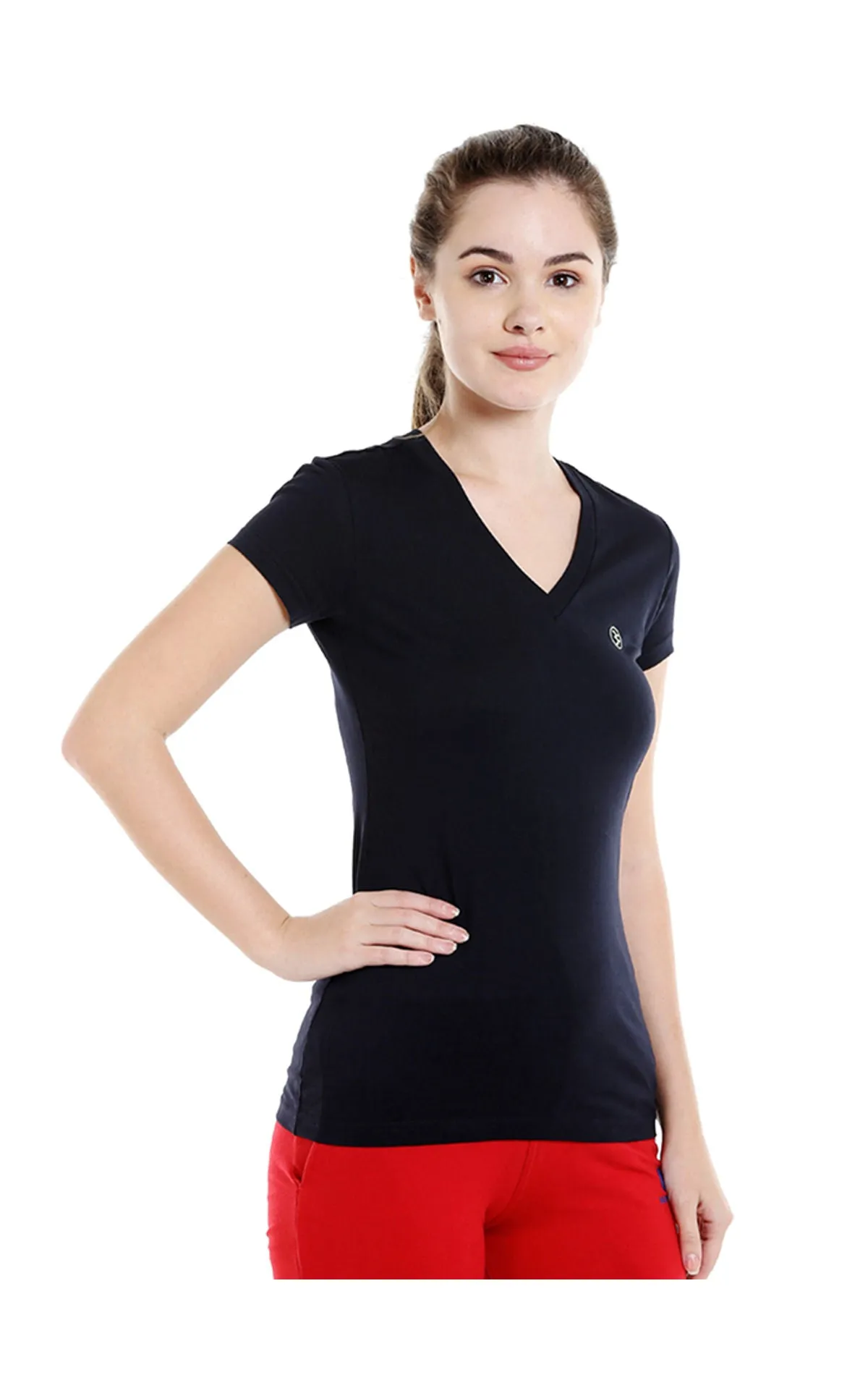 Bodyactive Women Navy V Neck Tee-TS14-NVY