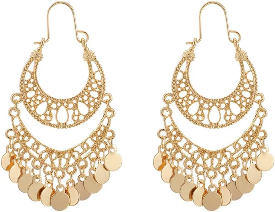 Boho Crescent Moon Round Disc Charm Tassel Indian Long Dangle Drop Earrings for Women Dainty Vintage Gold Plated Statement Dangling Fashion Jewelry