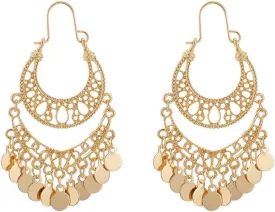 Boho Crescent Moon Round Disc Charm Tassel Indian Long Dangle Drop Earrings for Women Dainty Vintage Gold Plated Statement Dangling Fashion Jewelry