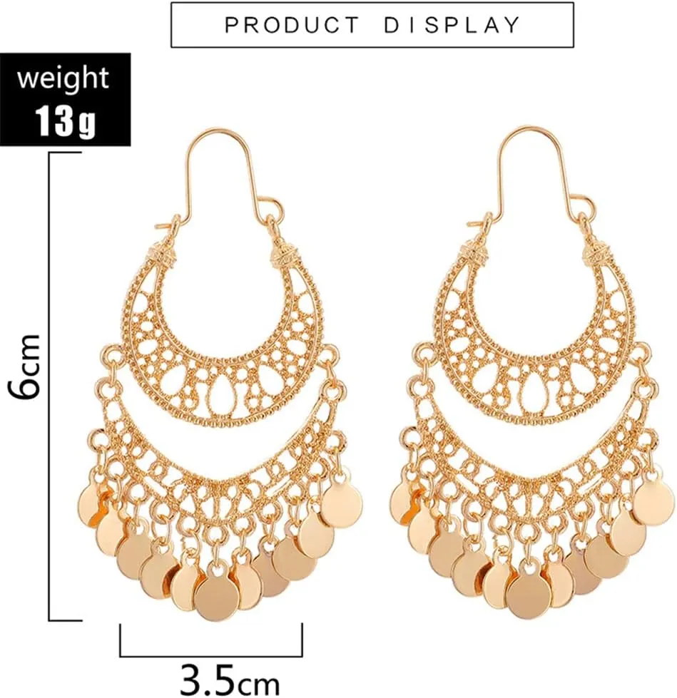Boho Crescent Moon Round Disc Charm Tassel Indian Long Dangle Drop Earrings for Women Dainty Vintage Gold Plated Statement Dangling Fashion Jewelry
