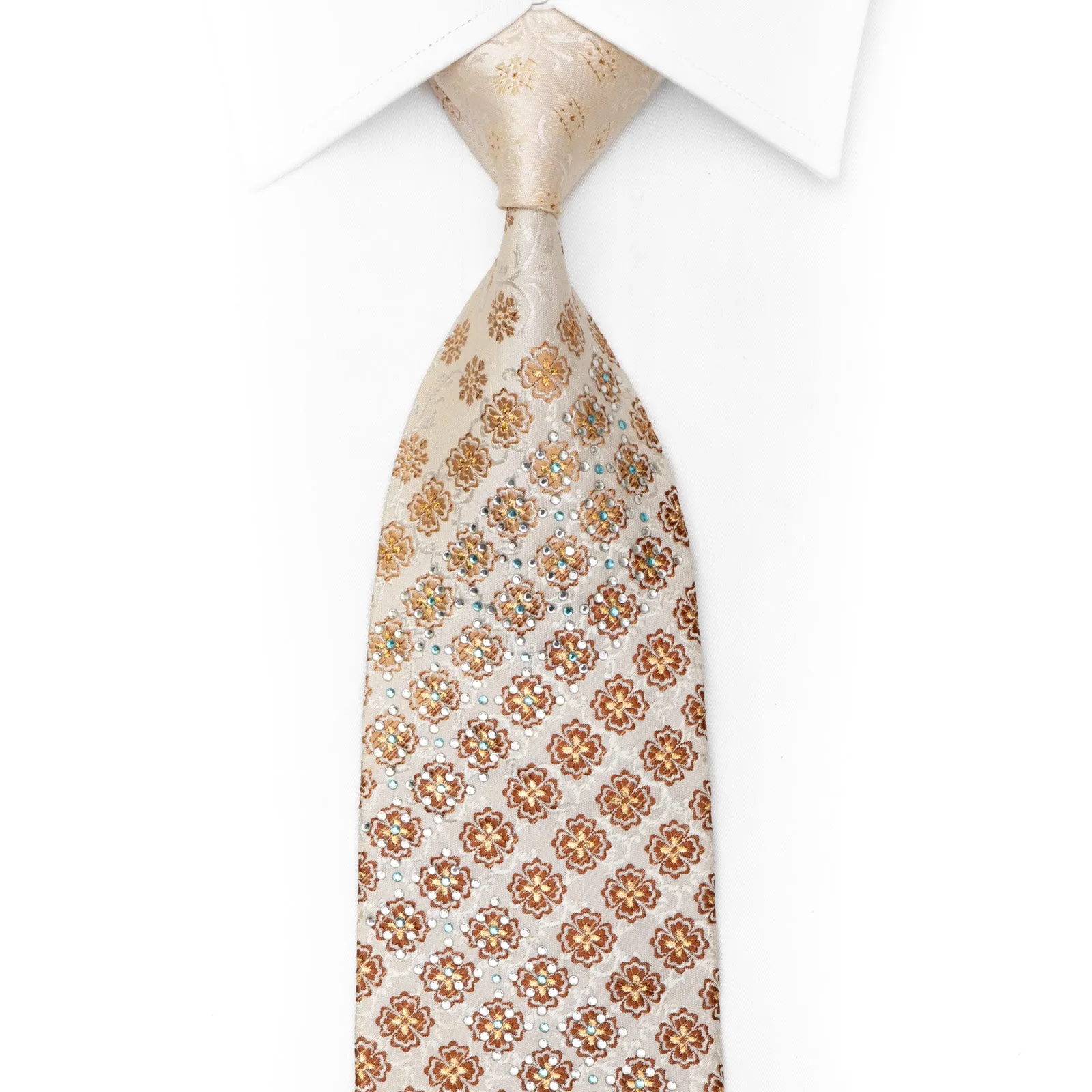 Brown Foulard On Cream Beige Rhinestone Silk Necktie With Silver Sparkles