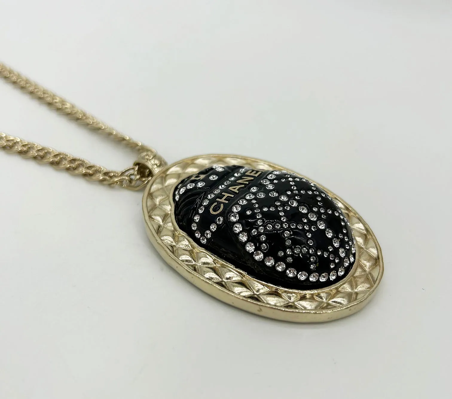 Chanel Black Rhinestone Egyptian Scarab Necklace
