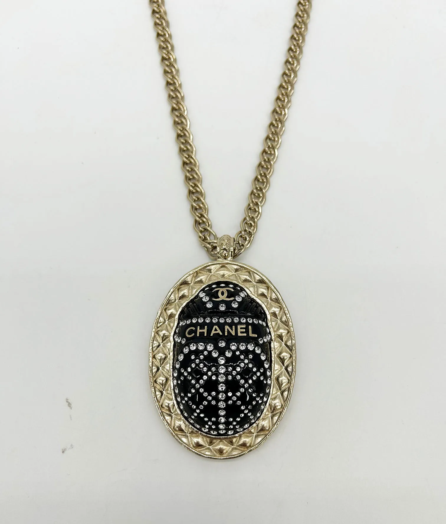 Chanel Black Rhinestone Egyptian Scarab Necklace