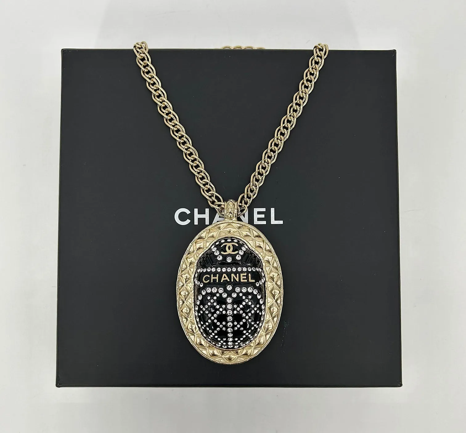 Chanel Black Rhinestone Egyptian Scarab Necklace