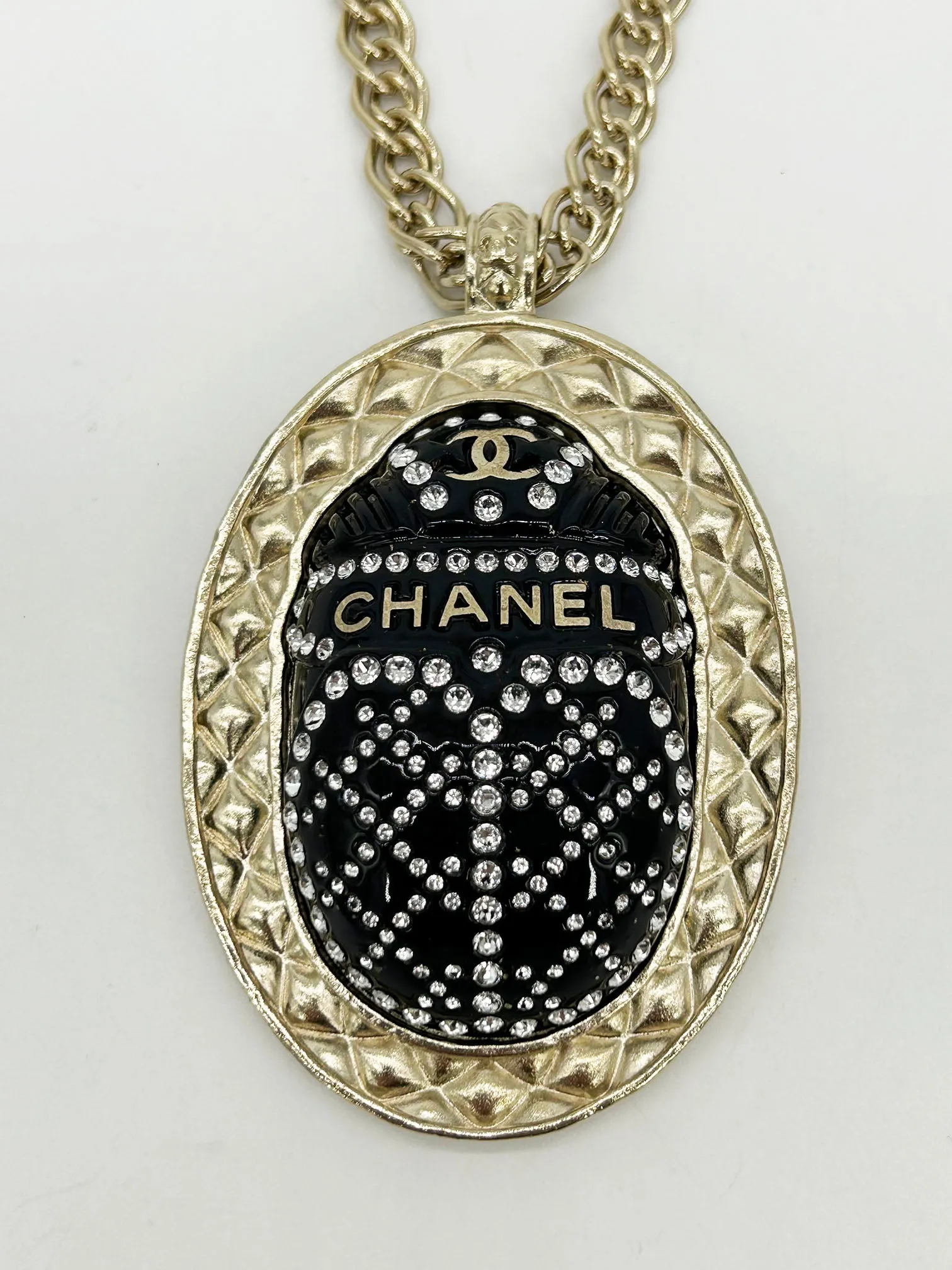 Chanel Black Rhinestone Egyptian Scarab Necklace