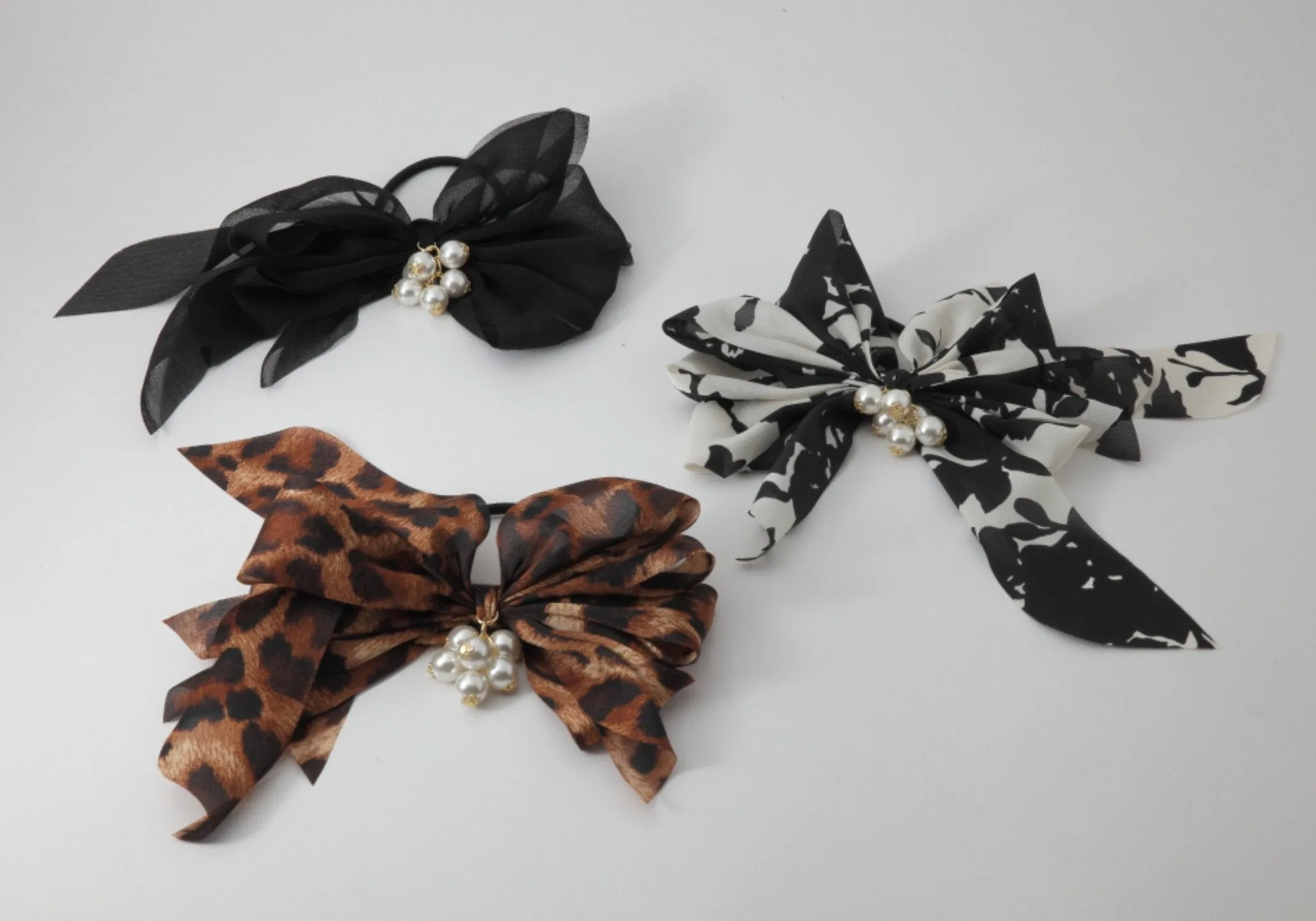 Chiffon Multi Wing Bow Pearl Ornamented Elastic Ponytail Holder Hair Elastics Women Hair Accessories