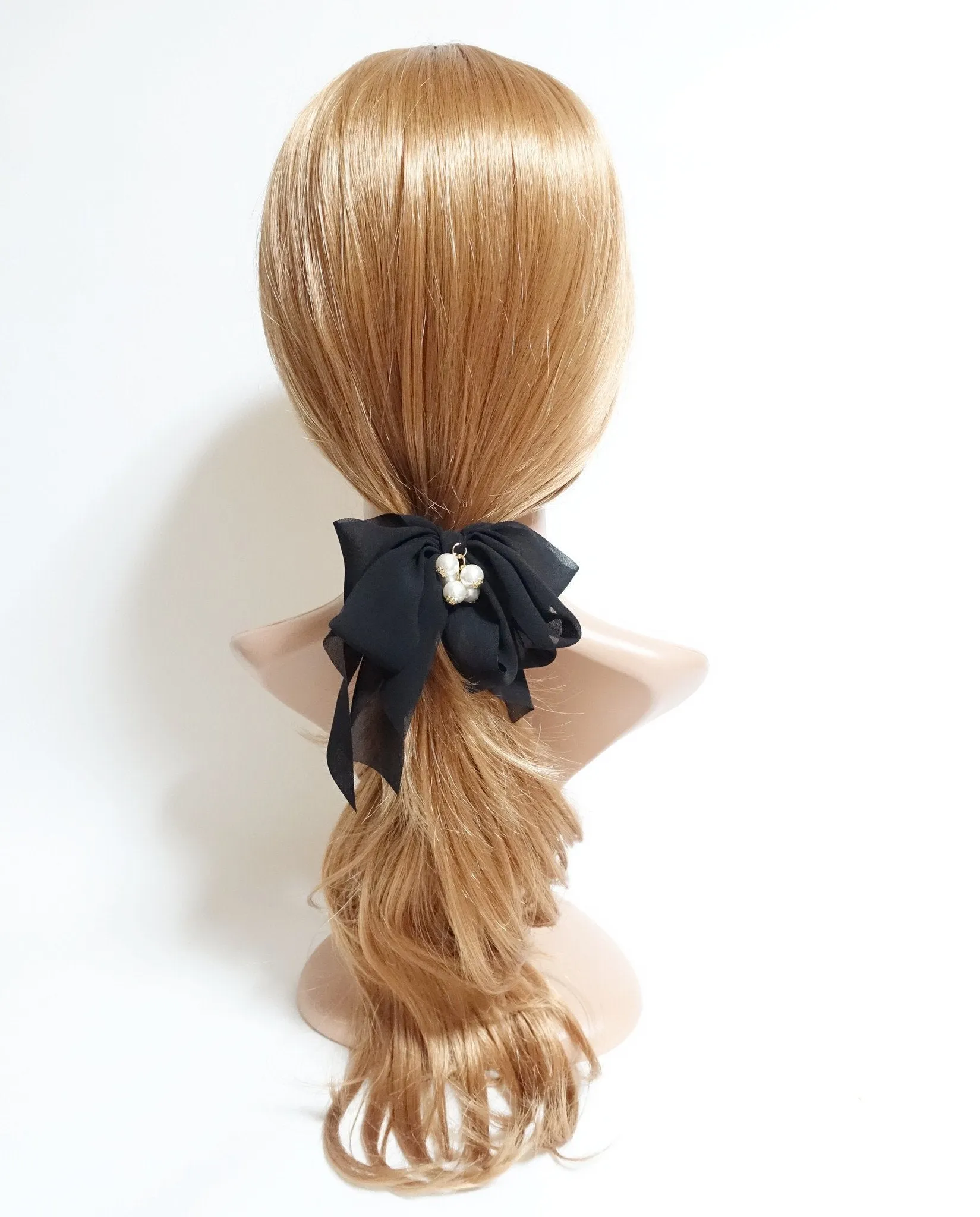 Chiffon Multi Wing Bow Pearl Ornamented Elastic Ponytail Holder Hair Elastics Women Hair Accessories