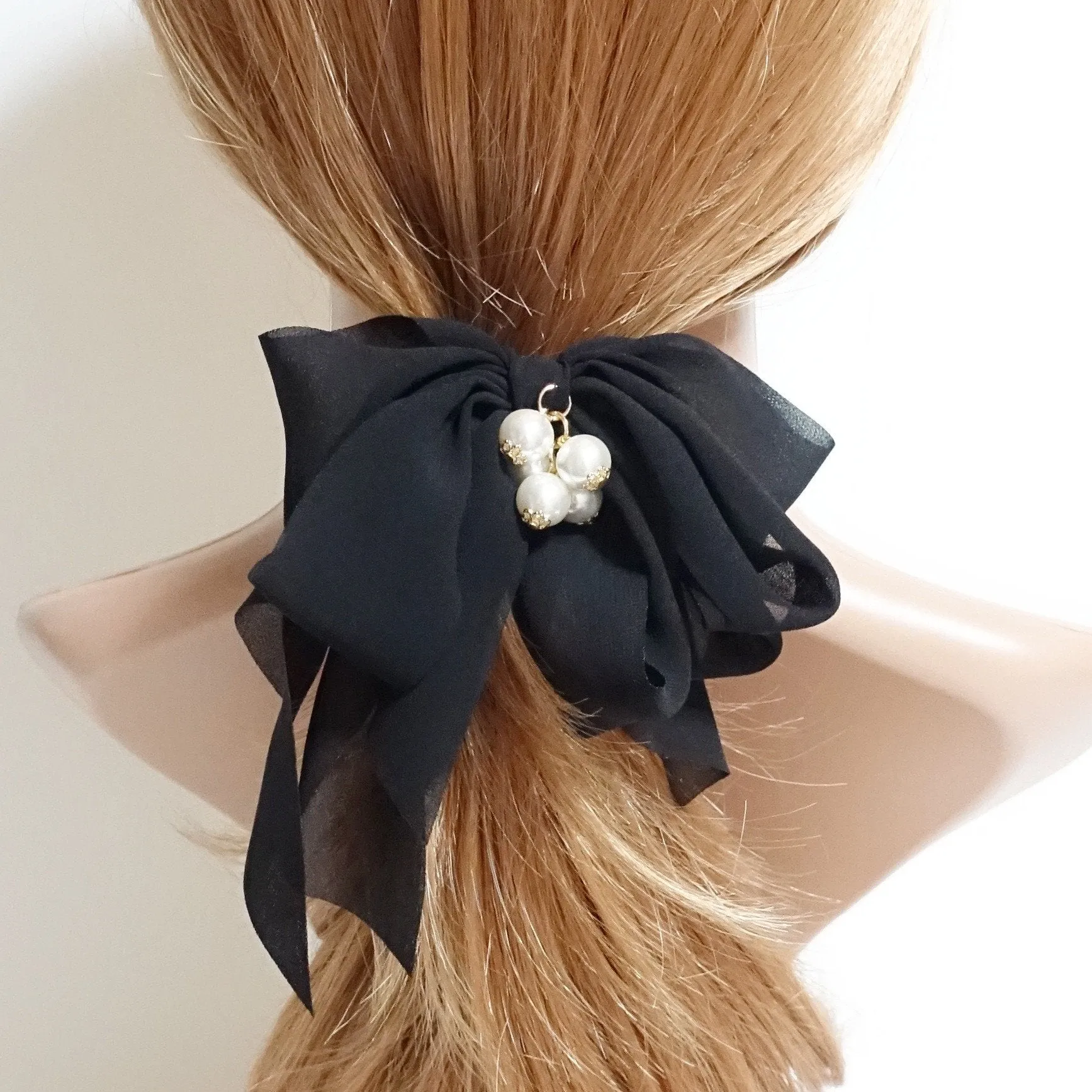Chiffon Multi Wing Bow Pearl Ornamented Elastic Ponytail Holder Hair Elastics Women Hair Accessories
