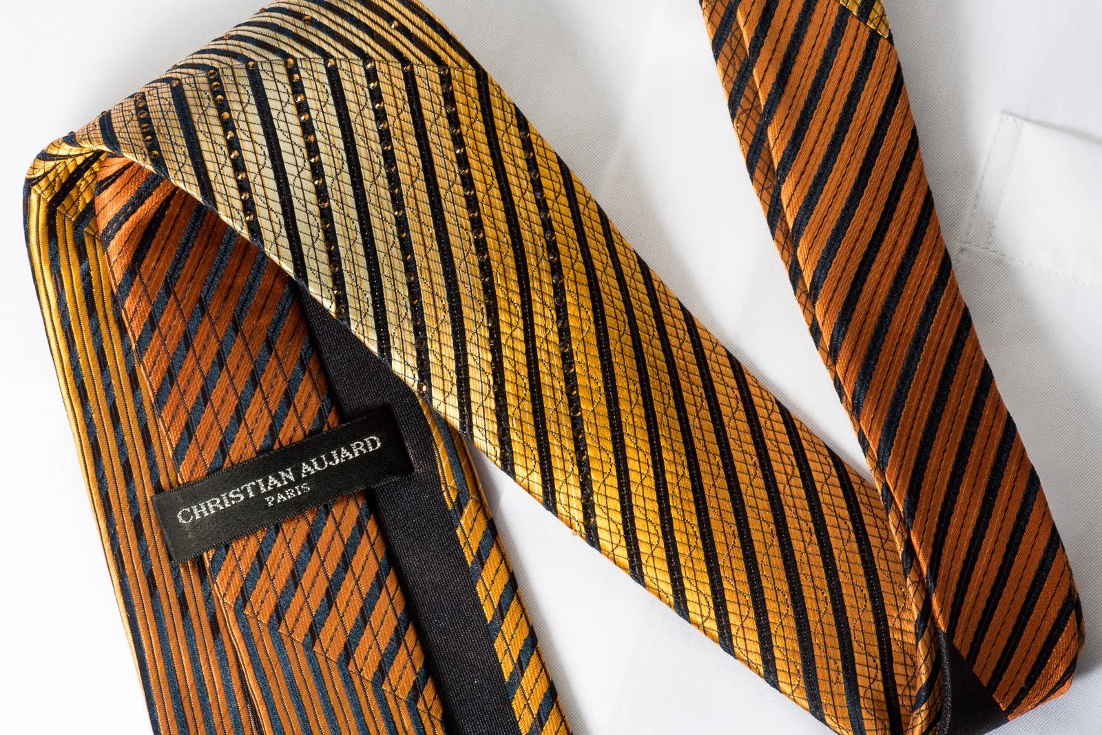 Christian Aujard Silk Rhinestone Necktie Orange Striped On Black