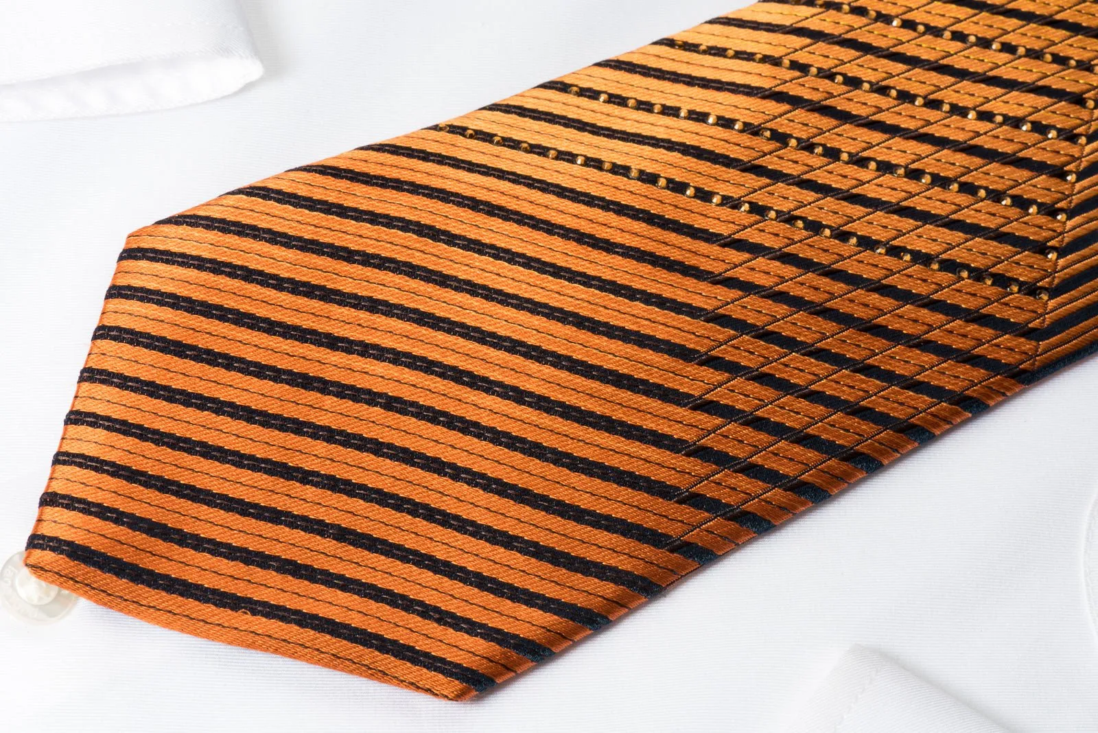 Christian Aujard Silk Rhinestone Necktie Orange Striped On Black