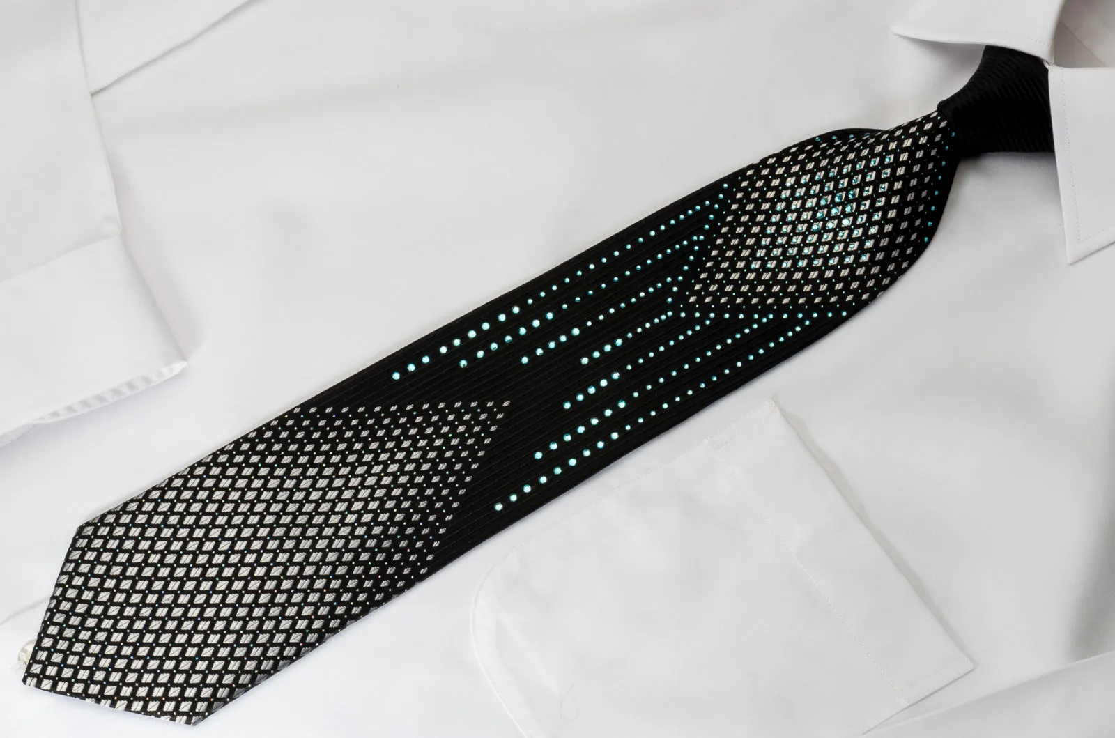 Crocodile Black Silk Rhinestone Necktie Silver Geometric On Black With Blue Sparkles