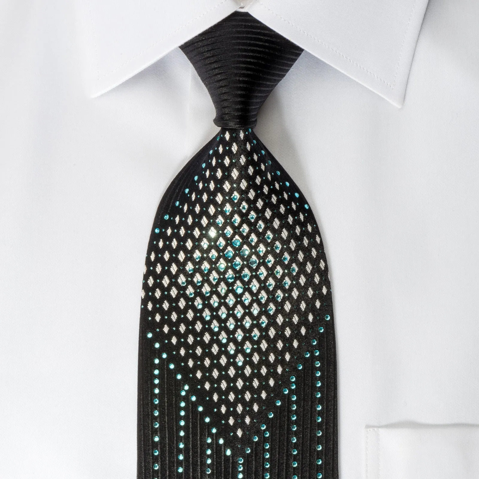 Crocodile Black Silk Rhinestone Necktie Silver Geometric On Black With Blue Sparkles