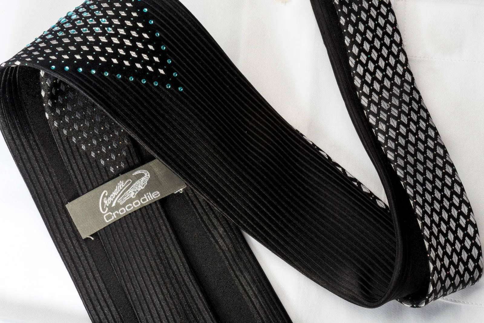 Crocodile Black Silk Rhinestone Necktie Silver Geometric On Black With Blue Sparkles