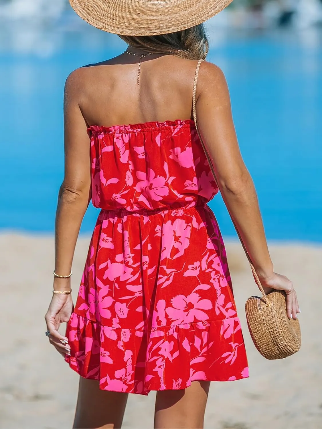 CUPSHE Women Floral Mini Summer Dress Tiered Ruffle Tube Front Button Elastic Waist Tie Casual Holiday Beach Dresses