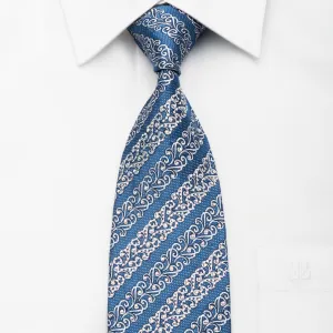 Daks Rhinestone Necktie Silver Cartouche Stripped On Blue Silk With Silver Sparkles