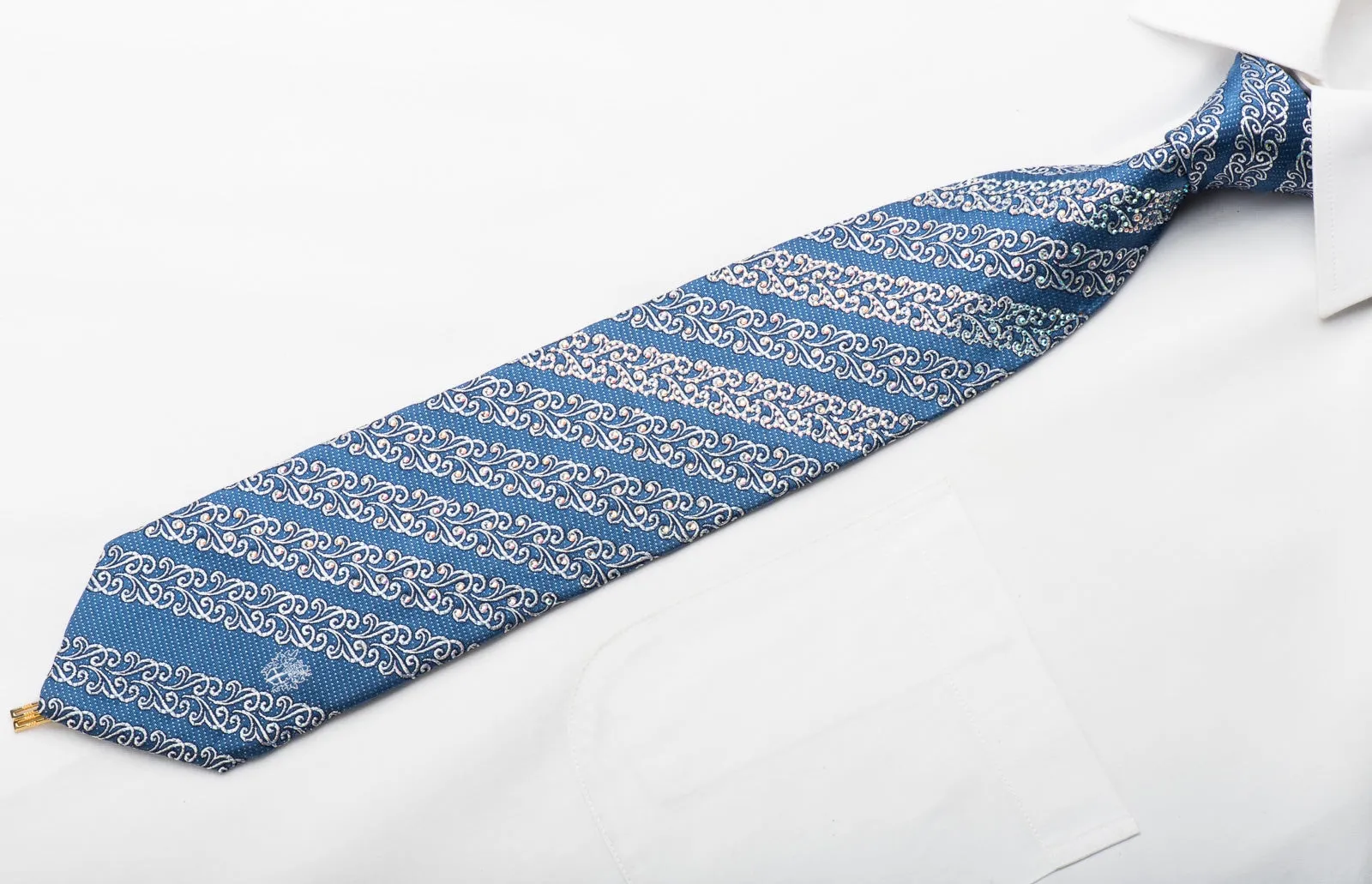 Daks Rhinestone Necktie Silver Cartouche Stripped On Blue Silk With Silver Sparkles