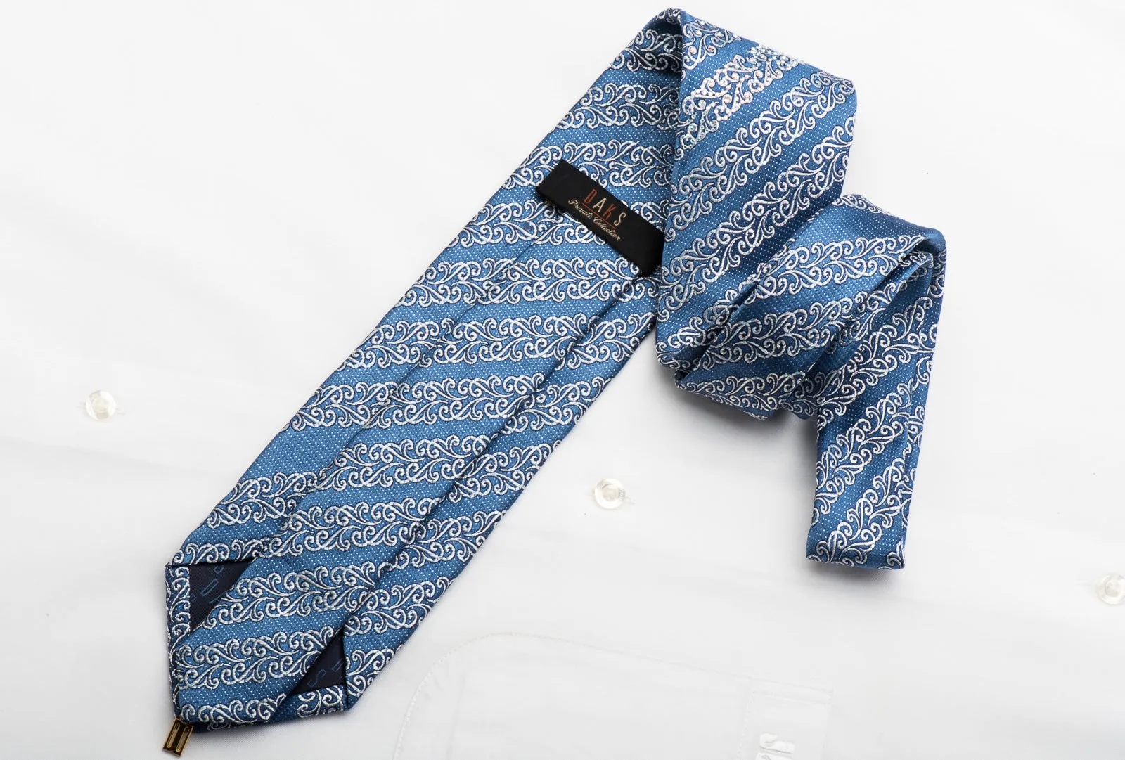 Daks Rhinestone Necktie Silver Cartouche Stripped On Blue Silk With Silver Sparkles