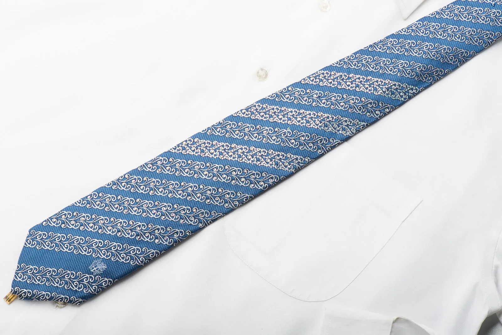 Daks Rhinestone Necktie Silver Cartouche Stripped On Blue Silk With Silver Sparkles